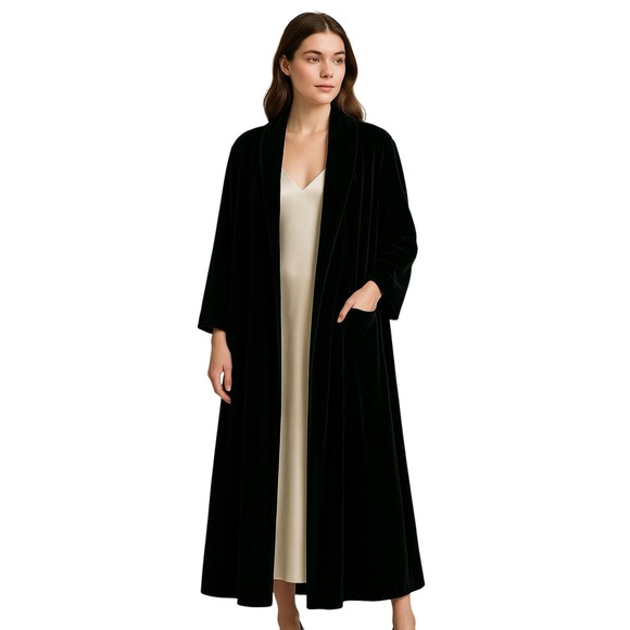 Vintage 80s/90s JS Collections Black Velvet Velour Opera Long Evening Coat  Sz M - Picture 1 of 11